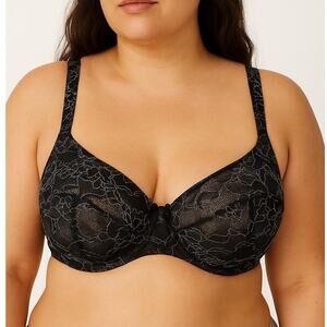 Cacique Black Lace Embroidered Balconette Bra Underwire Bow Size 46D